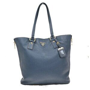 PRADA Logo Side Zipper Shoulder Hand Bag Leather Blue GHW 85EF268
